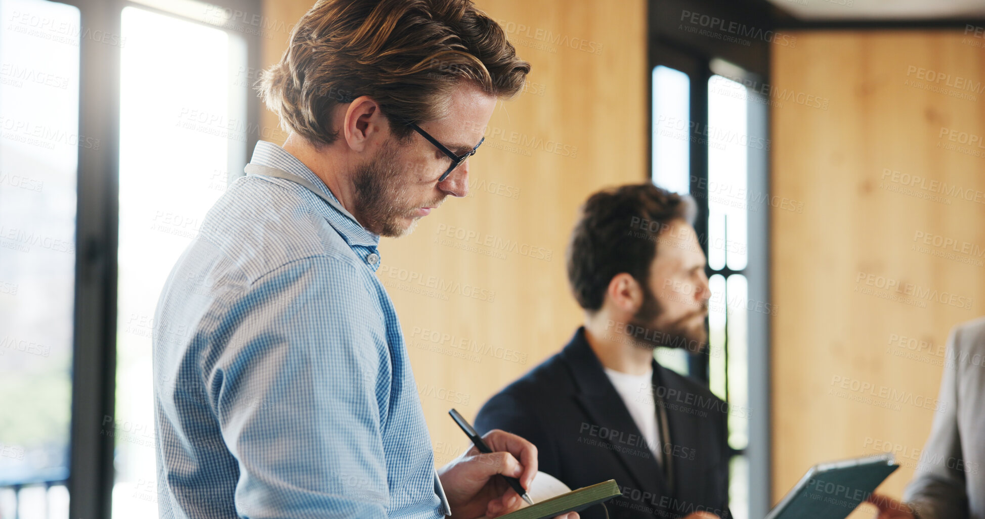 Buy stock photo Business, meeting or man at seminar with notes, staff or mentor training in project growth. Writing, group of employees in agency with tech, learning session or skills development in company workshop
