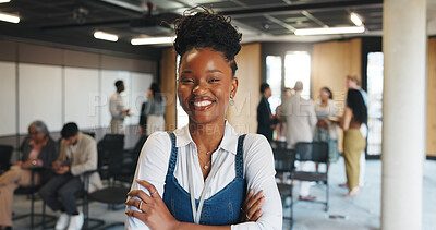 Buy stock photo Business woman, arms crossed and portrait in convention for creative workshop, seminar and lobby. Startup summit, office forum and smile of person for networking event, expo opportunity and meeting