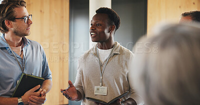 Buy stock photo Conference, people and networking for venture, collaboration or discussion for global trade at event. Group, talk and plan for foreign investment, colleagues and partnership in seminar and meeting