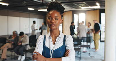 Buy stock photo Business woman, serious and portrait at conference with people at upskill workshop for career opportunity. Female person, crossed arms and mission for professional development at industry symposium