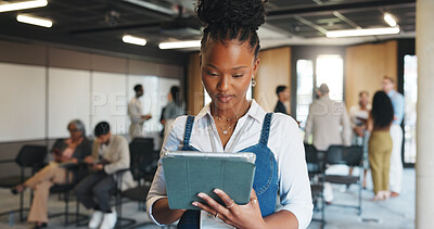 Buy stock photo Reading, info and woman with tablet, seminar and event planner with schedule on website or browsing. Checking, checklist and person with tech for coordination, scroll and online in conference hall