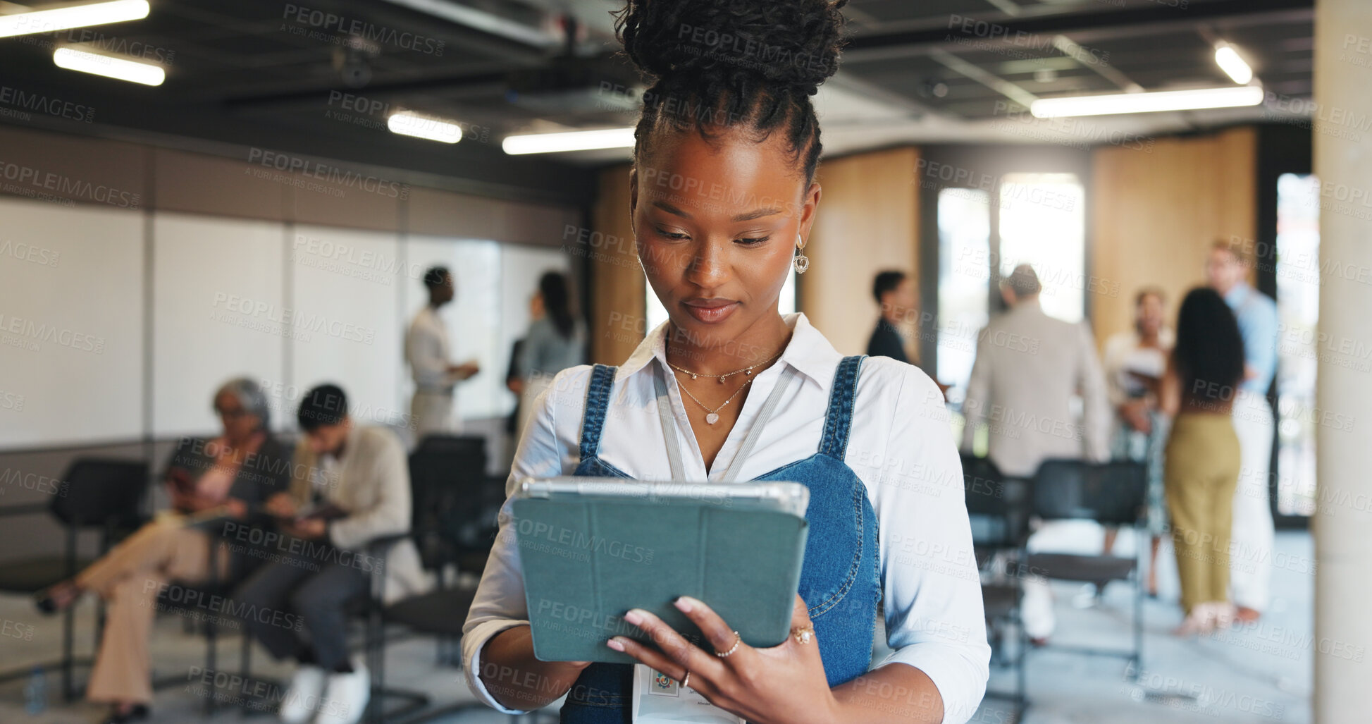 Buy stock photo Reading, info and woman with tablet, seminar and event planner with schedule on website or browsing. Checking, checklist and person with tech for coordination, scroll and online in conference hall
