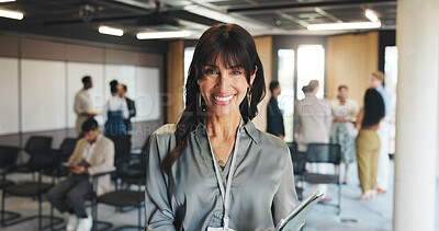 Buy stock photo Smile, conference and portrait of business woman for keynote speaker, pride and trading expo. Workshop event, confidence and broker seminar with mature person for opportunity, corporate and tradeshow