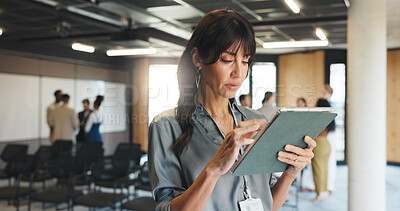 Buy stock photo Business, thinking and woman in office, tablet or seminar coordinator with planning. Mature person, tech or employee at conference, crisis management or online reading for schedule or client feedback