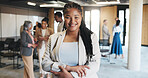 Woman, arms crossed and portrait with smile for creative workshop, seminar and lobby. Startup summit, office and forum or business convention for networking event, expo opportunity or meeting
