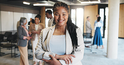 Buy stock photo Woman, arms crossed and portrait with smile for creative workshop, seminar and lobby. Startup summit, office and forum or business convention for networking event, expo opportunity or meeting