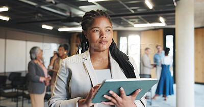 Buy stock photo Thinking, tablet and conference with business woman for research, reflection and expo schedule. Seminar vision, online agenda and perspective with person and tech at forum for workshop and idea