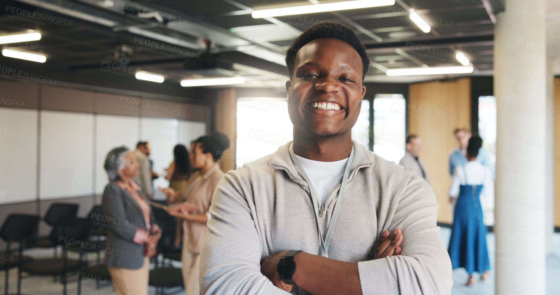 Buy stock photo Business man, arms crossed and portrait in lobby for creative workshop, seminar and convention. Startup summit, office forum and smile of person for networking event, expo opportunity and meeting