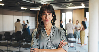 Buy stock photo Business woman, arms crossed and portrait at conference with people at upskill workshop for career opportunity. Mature person, confident and mission for professional development at industry symposium