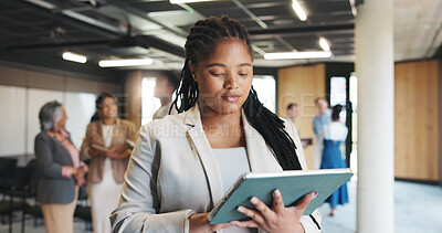 Buy stock photo Scroll, research and woman with tablet, seminar or planning for public speaking with info on website. Conference hall, speaker and person with tech for presentation, reading and preparing for meeting
