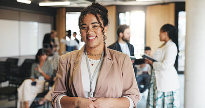 Buy stock photo Smile, seminar and portrait of business woman for keynote speaker, pride and trading expo. Workshop event, confidence and broker conference with person for opportunity, corporate and tradeshow