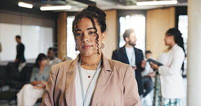 Buy stock photo Serious, conference and portrait of business woman for keynote speaker, pride and trading expo. Workshop event, confidence and broker seminar with person for opportunity, corporate and tradeshow