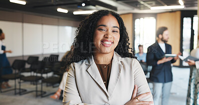 Buy stock photo Portrait, conference or business woman with arms crossed, confident or professional for corporate training. Smile, seminar or presenter with pride for finance knowledge, staff development or meeting