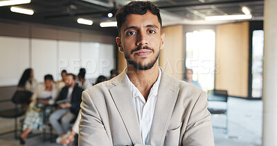 Buy stock photo Serious, conference and portrait of business man for keynote speaker, pride and trading expo. Workshop event, confidence and broker seminar with person for opportunity, corporate and tradeshow