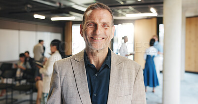 Buy stock photo Smile, conference and portrait of business man for keynote speaker, pride and trading expo. Workshop event, confidence and broker seminar with mature person for opportunity, corporate and tradeshow