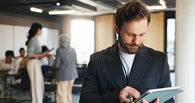 Buy stock photo Reading, research and man with tablet, conference and planning for public speaking, online or scroll. Workshop, speaker and person with tech for presentation, browsing and preparation for seminar
