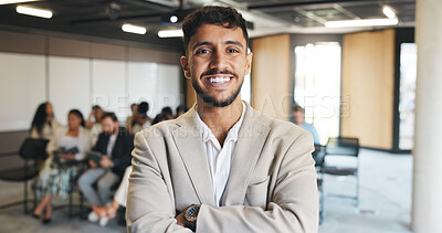Buy stock photo Portrait, conference room or businessman with arms crossed, confident or professional for corporate training. Smile, seminar or speaker with pride for finance knowledge, staff development or meeting