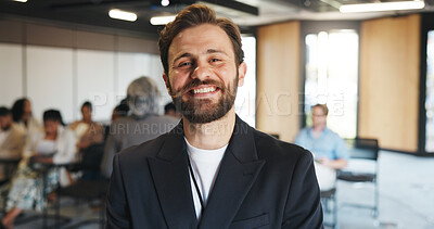 Buy stock photo Smile, convention and portrait of business man for keynote speaker, pride and trading expo. Workshop event, confidence and broker seminar with person for opportunity, corporate and tradeshow