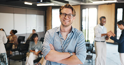 Buy stock photo Portrait, conference hall or business man with arms crossed, confident or professional for corporate training. Smile, seminar or speaker with pride for finance knowledge, staff development or meeting