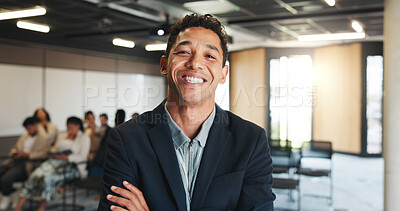 Buy stock photo Businessman, conference and portrait in lobby for financial workshop, seminar and convention. Corporate summit, office forum and smile of person for networking event, finance expo and meeting