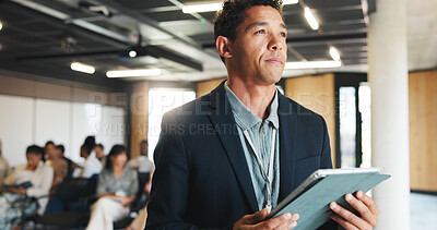 Buy stock photo Thinking, tablet and conference with business man for research, reflection and expo schedule. Seminar vision, online agenda and perspective with person and tech at forum for workshop and idea