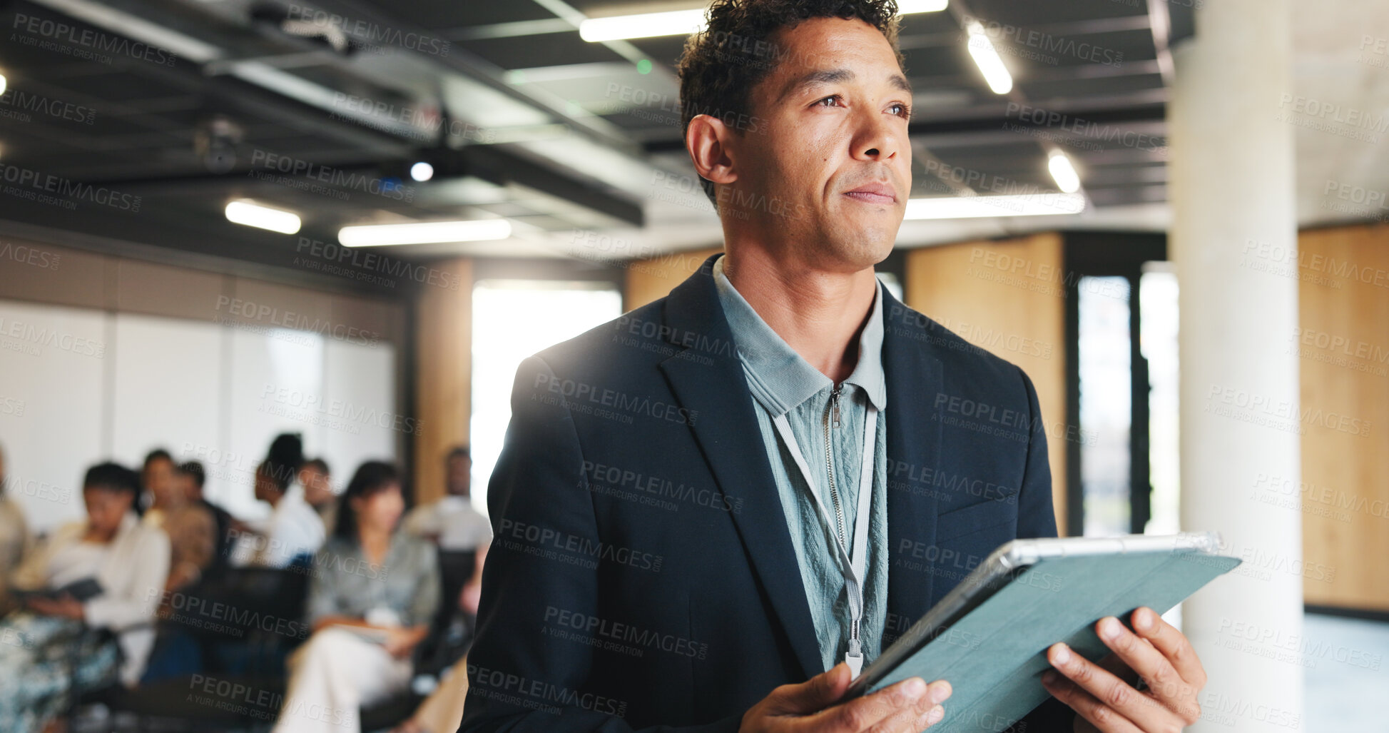 Buy stock photo Thinking, tablet and conference with business man for research, reflection and expo schedule. Seminar vision, online agenda and perspective with person and tech at forum for workshop and idea