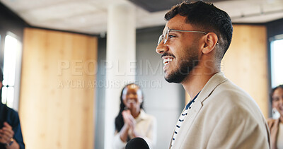 Buy stock photo Applause, workshop or speaker in circle with mic, crowd motivation or appreciation for presenter. Corporate, group of people at seminar with tech, support or thank you clap for collaboration session.