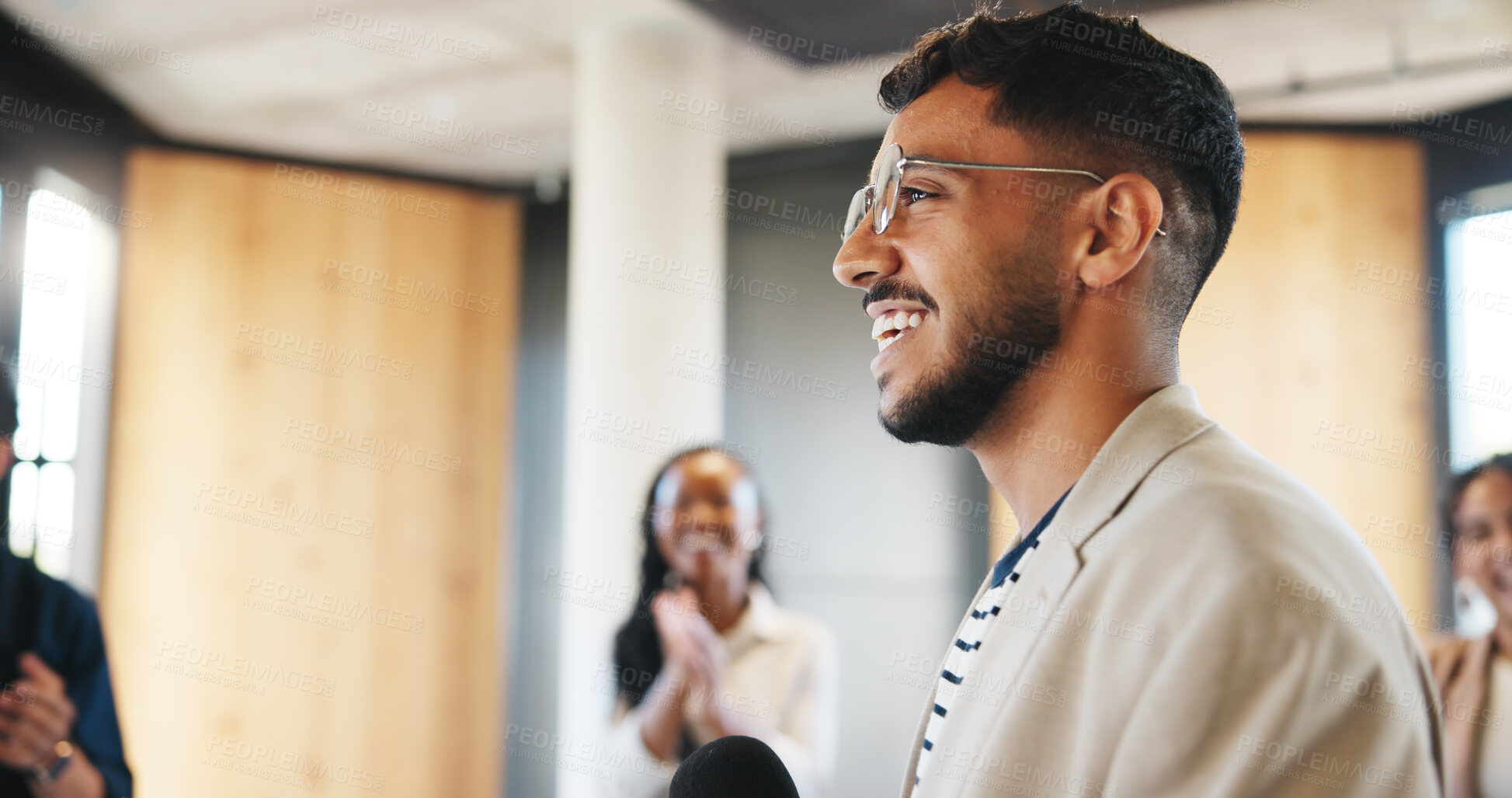 Buy stock photo Applause, workshop or speaker in circle with mic, crowd motivation or appreciation for presenter. Corporate, group of people at seminar with tech, support or thank you clap for collaboration session.