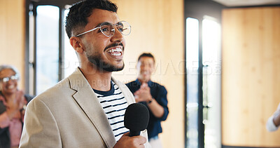 Buy stock photo Speaker, man and talking in seminar with mic for professional training, knowledge and career growth. Happy, presenter and person in workshop with tech for speech, tradeshow presentation and advice.