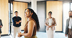 Happy, workshop or presenter in circle with motivation, training or expo in skills development. Business, group of employees at seminar with speech, engagement or empowerment for professional growth