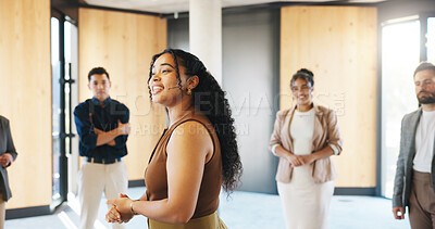 Buy stock photo Happy, workshop or presenter in circle with motivation, training or expo in skills development. Business, group of employees at seminar with speech, engagement or empowerment for professional growth