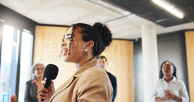 Buy stock photo Business, workshop or presenter in circle with mic, training or expo in skills development. Smile, group of employees at seminar with speech, engagement or empowerment for professional growth