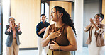 Applause, corporate training or woman with staff in circle, business workshop or thank you for support. Skill development, employees or presenter with gratitude for seminar, appreciation or clapping