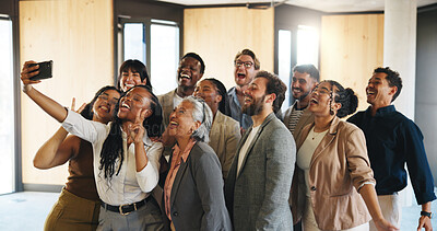 Buy stock photo Happy, business people and selfie in office with peace sign for fun, collaboration and bonding together. Smile, group or employees in workplace with v gesture for photography, teamwork or solidarity.