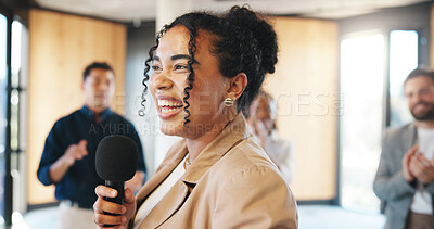 Buy stock photo Applause, workshop or woman in circle with mic, crowd motivation or appreciation for presenter. Speaker, group of people at seminar with tech, support or thank you clap for collaboration session.