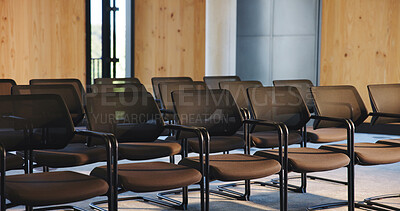 Buy stock photo Chairs, seminar and empty room for business forum, event and convention or meeting venue. Furniture, hall and interior of conference center with rows for summit, presentation or seats for workshop