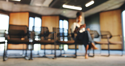 Buy stock photo Below, business and woman at seminar, blur and waiting with appointment, info meeting and relax. Person, speaker and employee in workplace, conference and audience member with break at tradeshow