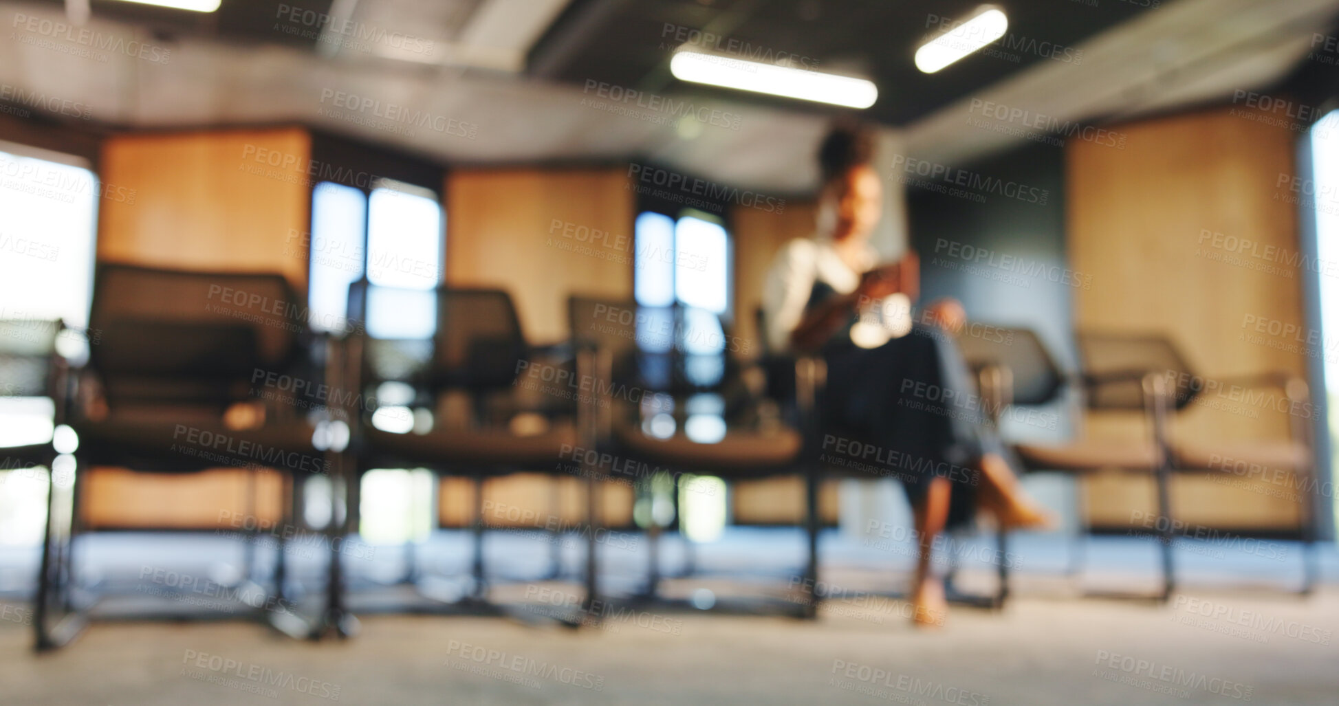 Buy stock photo Below, business and woman at seminar, blur and waiting with appointment, info meeting and relax. Person, speaker and employee in workplace, conference and audience member with break at tradeshow