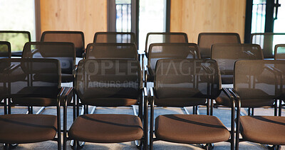 Buy stock photo Chairs, seminar and empty room for business event, forum and convention or meeting venue. Furniture, hall and interior of conference center with rows for summit, presentation or seats for workshop