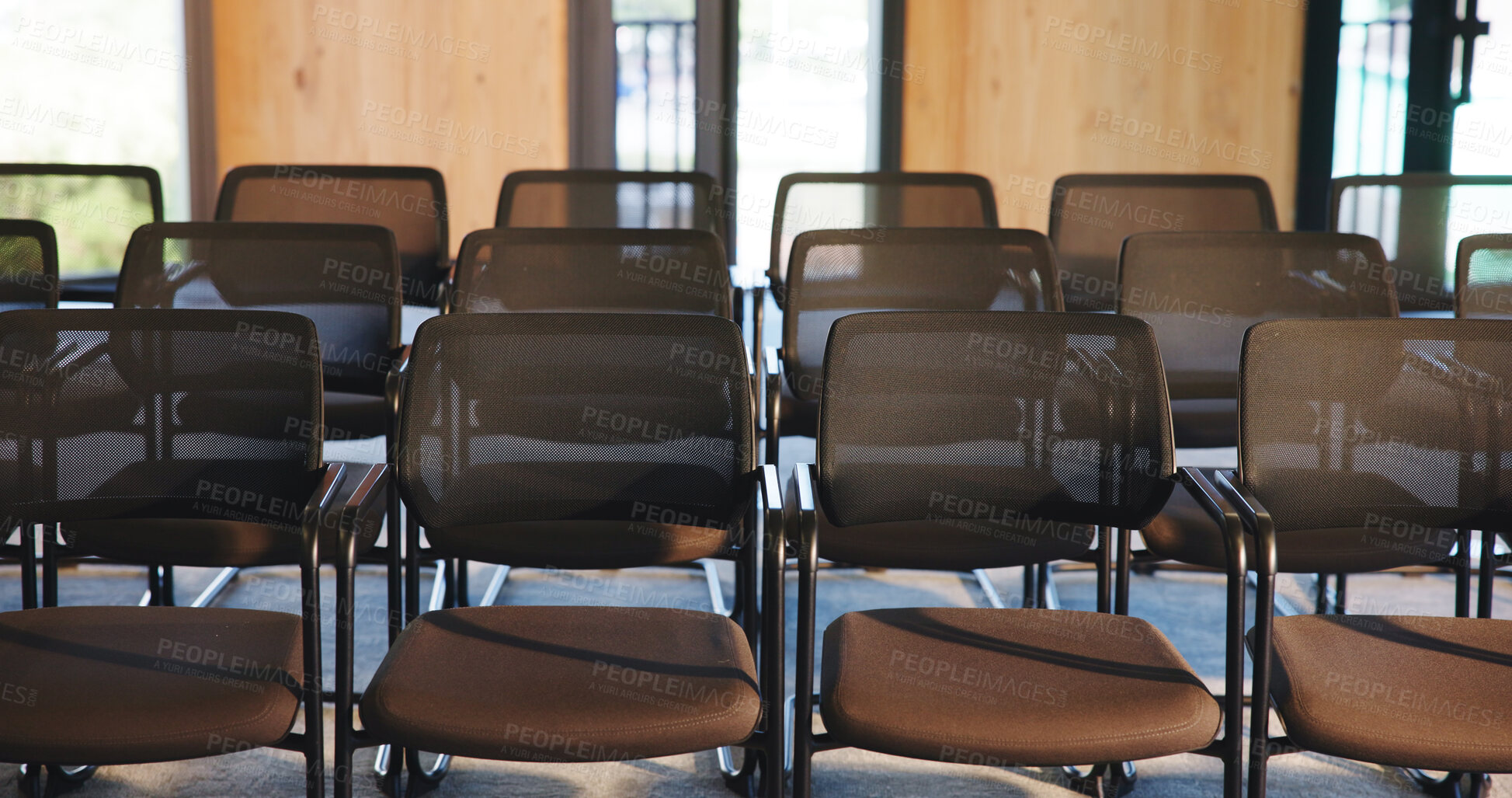 Buy stock photo Chairs, seminar and empty room for business event, forum and convention or meeting venue. Furniture, hall and interior of conference center with rows for summit, presentation or seats for workshop