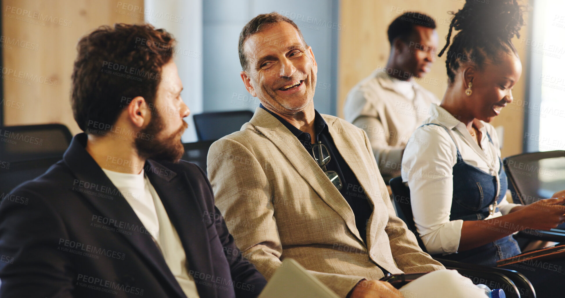 Buy stock photo Happy, business people or audience in conference for conversation, career growth or professional advice. Group, seminar or workshop crowd with smile, communication and feedback for skill development.