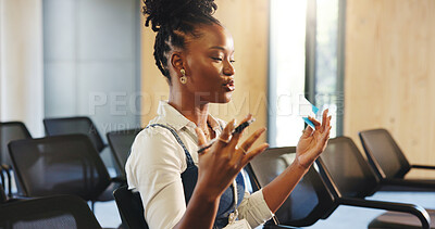Buy stock photo Presentation, practice and black woman in office with planning for meeting with research notes. Rehearsal, professional and African female speaker with preparation for corporate speech in workplace.