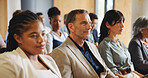 Business people, audience and listening in seminar, workshop or presentation for career development. Conference, group or crowd at tradeshow for advice, knowledge or feedback for professional growth.
