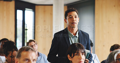 Buy stock photo Business, conference and man with questions, audience and listening with skills training. People, crowd and employees in meeting, workshop and feedback for info, convention and discussion with growth