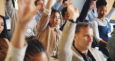 Buy stock photo Business people, hands raised or question at conference for corporate training, interaction or engagement at seminar. Audience, group or employees with FAQ, ask or insight at convention or workshop