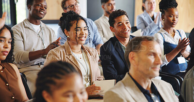 Buy stock photo Happy, business people or audience in conference with applause for tradeshow, career expo and knowledge. Group, seminar and workshop crowd with clapping, celebration or support for skill development.