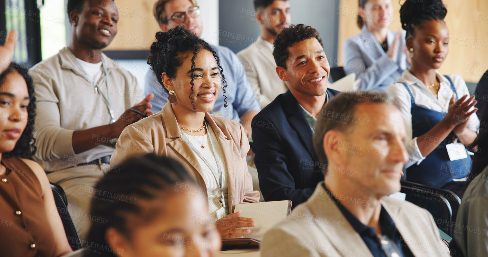 Buy stock photo Happy, business people or audience in conference with applause for tradeshow, career expo and knowledge. Group, seminar and workshop crowd with clapping, celebration or support for skill development.