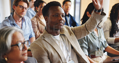 Buy stock photo Audience, businessman and question in seminar with workshop, expo or convention for career development. Conference faq, people and crowd at tradeshow with hand raised, idea or professional knowledge.