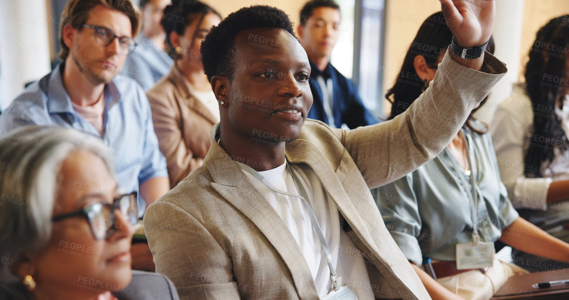 Buy stock photo Audience, businessman and question in seminar with workshop, expo or convention for career development. Conference faq, people and crowd at tradeshow with hand raised, idea or professional knowledge.
