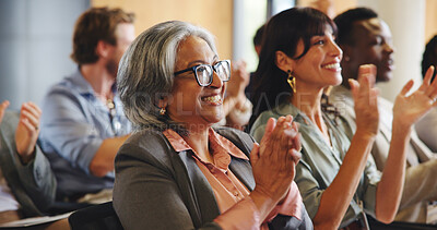 Buy stock photo Business people, audience and applause with presentation, summit and seminar event. Workshop, achievement and success announcement with growth, sales proposal and crowd support for conference pitch